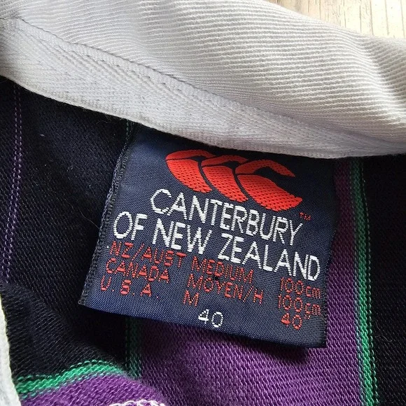 VTG Canterbury of New Zealand Rugby Shirt Mens 40 M Cotton Long Purple Striped - Picture 3 of 7